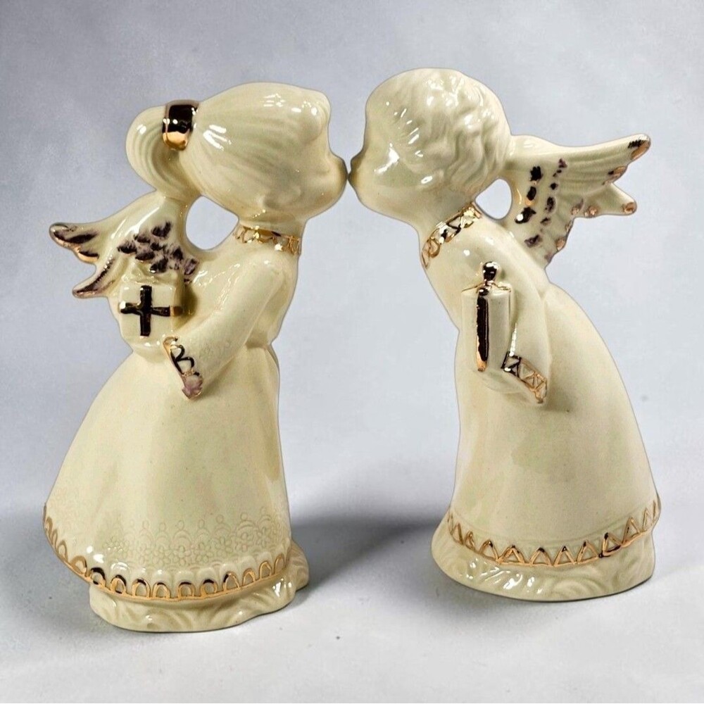 Vintage Ceramic Kissing Angel Figurines Large 9" Ivory Gold Pair Signed NP Decor